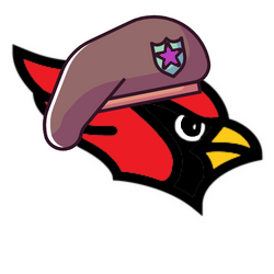 cardinal head wearing a camouflage beret with purple star