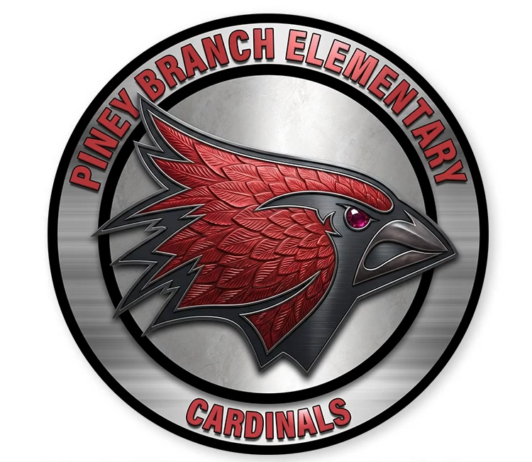 Piney Branch Elementary Cardinals logo featuring a stylized red cardinal head inside a circular metallic badge.