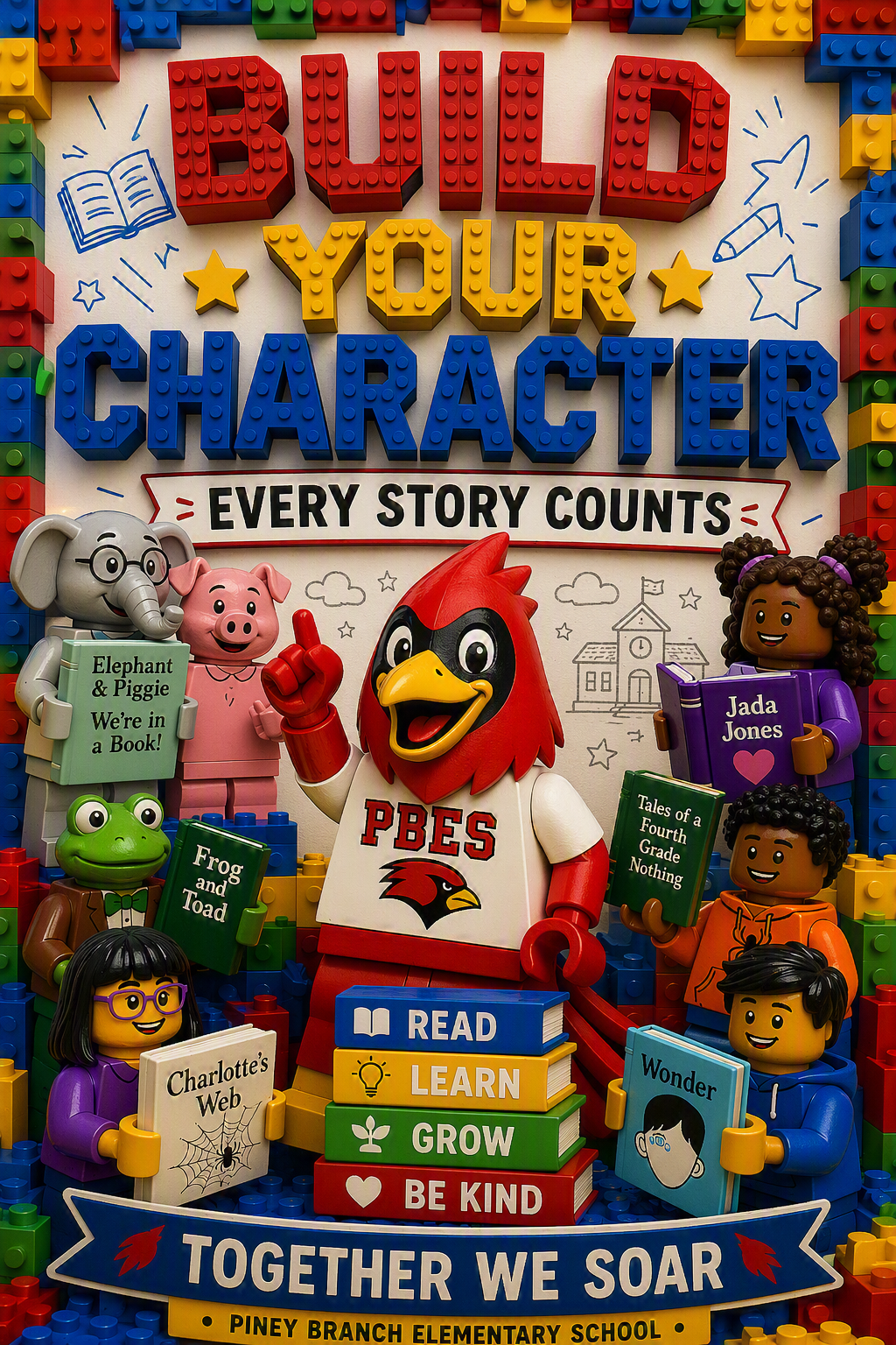 Logo for PBES 2027 theme "Build Your Character: Every Story Counts" with building block inspired Cosmo the Cardinal and children holding popular children's books.