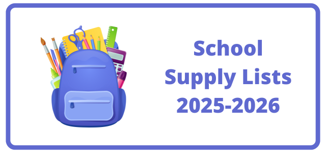 clip art of school supplies and text school supply lists 2025-26
